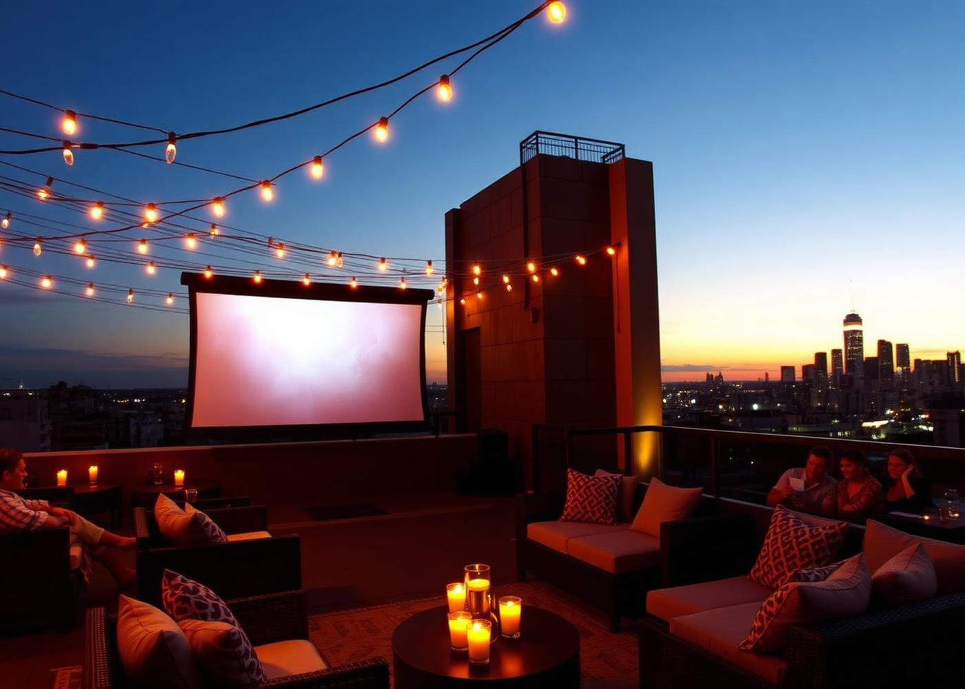 A rooftop with string lights and a glowing outdoor movie screen at dusk.