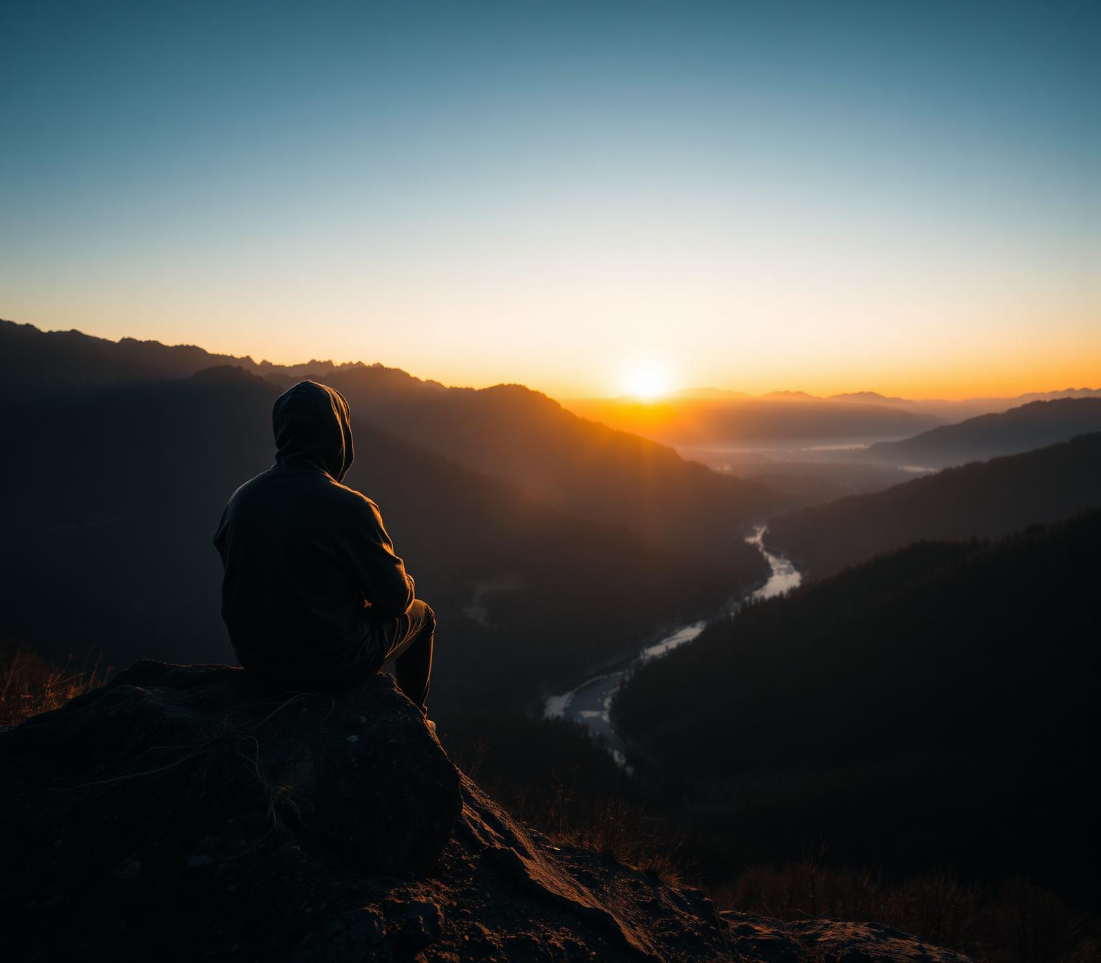 A person sitting on a rock at golden hour, looking out over a mountain valley and river.
