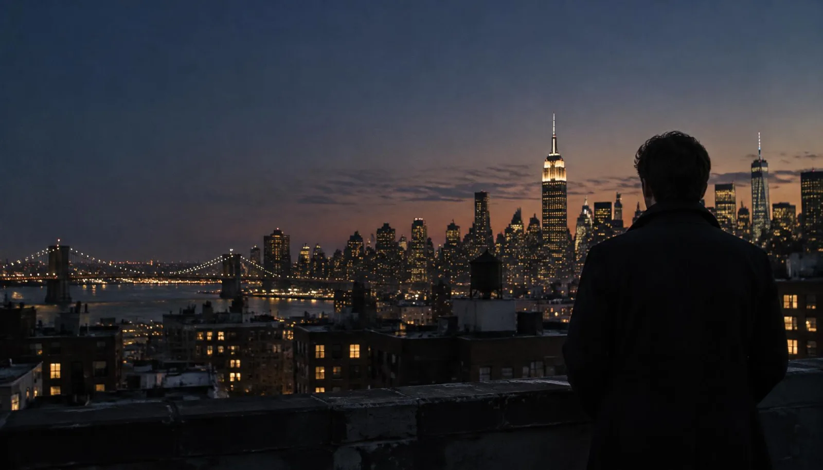 A person facing the illuminated Manhattan skyline from a rooftop at twilight.